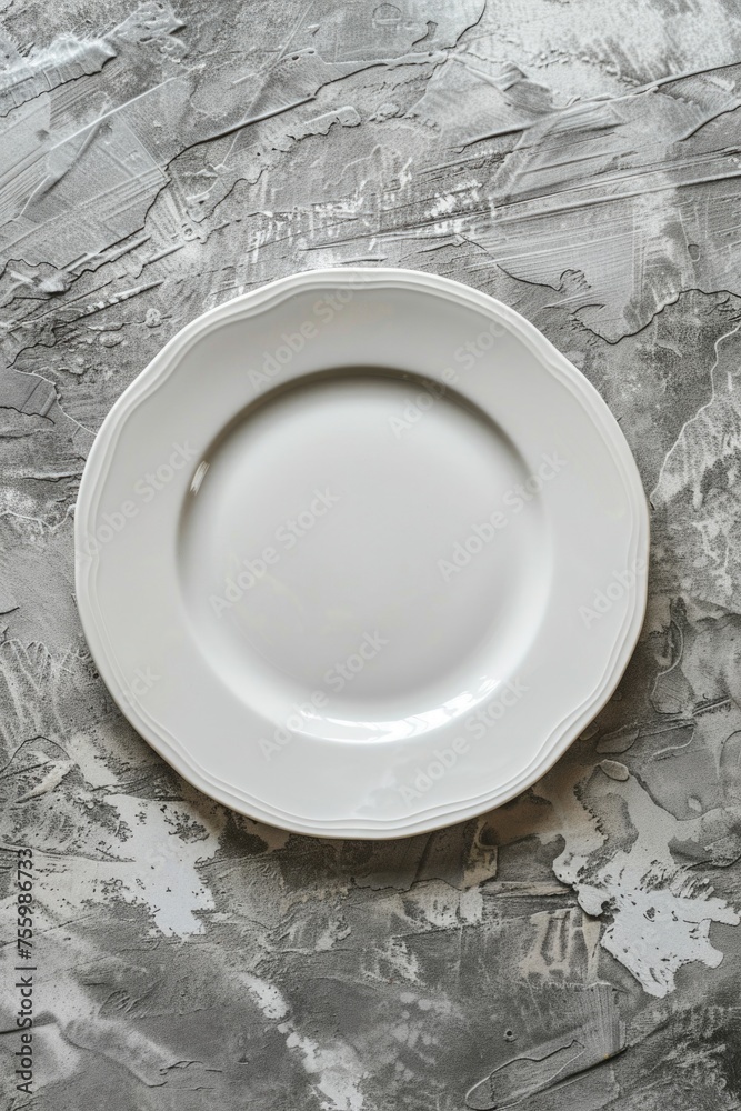 Poster A simple white plate on a table. Suitable for food and dining concepts.