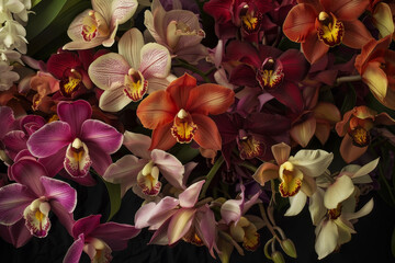 An orchid bouquet, various colors and shapes arranged in a harmonious composition. - obrazy, fototapety, plakaty