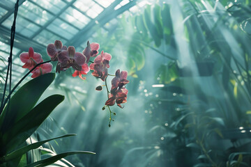 An orchid in a glasshouse, sunlight filtering through mist.
