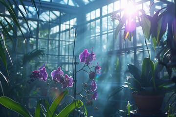 An orchid in a glasshouse, sunlight filtering through mist.
