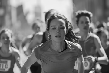A young woman running a marathon, determination etched on her face. She's in her stride, the crowd cheering her on, and the finish line in sight