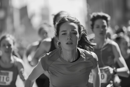 A young woman running a marathon, determination etched on her face. She's in her stride, the crowd cheering her on, and the finish line in sight - Powered by Adobe
