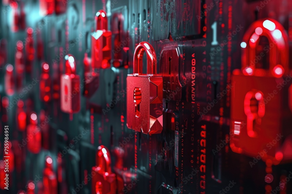 Aufkleber a bunch of red padlocks on a wall. perfect for security concepts.