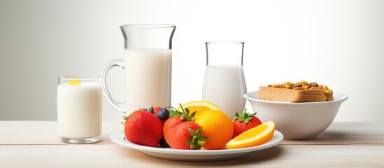 Fototapeta na wymiar A combination of food items including a plate of fruit, a pitcher of milk, and a bowl of cereal are placed on a table with dishware and drinkware