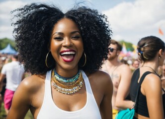 a woman with a large afro smiles at the camera while standing in front of a crowd of people at a...