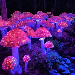A cluster of mushrooms emitting a soft, eerie glow in the darkness of the forest, creating a magical and mysterious scene.