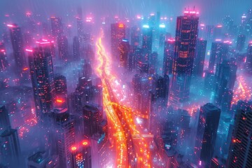 A cityscape filled with vibrant neon lights, showcasing tall buildings and urban hustle and bustle at night.