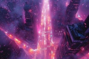 An aerial photograph capturing the nighttime cityscape, showcasing the illuminated streets, buildings, and skyline. - obrazy, fototapety, plakaty