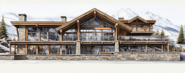 Wooden modern chalet in alps mountains. Super modern houses or huts with big windows