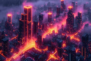 A cityscape with futuristic architecture illuminated by neon lights, shrouded in dense fog creating an eerie atmosphere.
