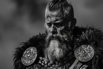 A veteran arena fighter, beard grizzled, armor dented. His stance exudes both weariness and unwavering resolve - obrazy, fototapety, plakaty