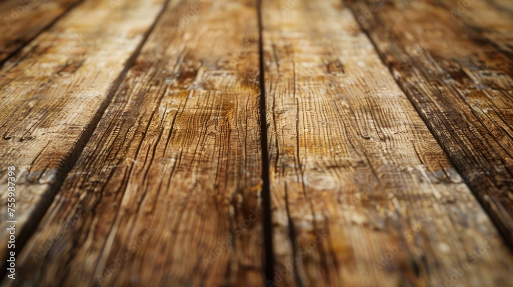 Poster A detailed view of a wooden table with a blurred background. Suitable for various design projects.