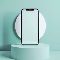 Blank phone screen mockup on round podium against mint pastel wall background