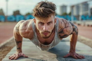 Obraz premium A man exercising on a hard surface, suitable for fitness and health-related concepts.
