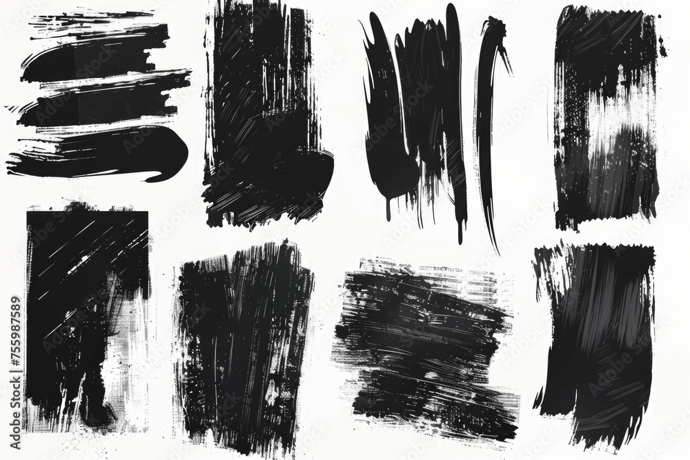 Poster abstract collection of black paint strokes on a white background. suitable for artistic projects.