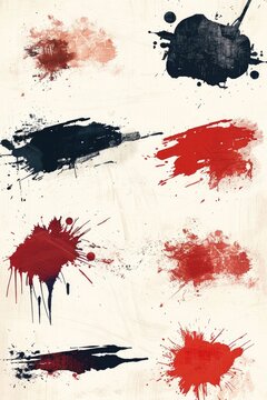Graphic blood splatters on a clean white surface. Suitable for crime scene investigation or Halloween themed projects.