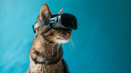 Tabby Cat with VR Glasses on Blue Background - Funny Animal Portrait with Copy Space