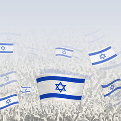 Crowd of people waving flag of Israel square graphic for social media and news.