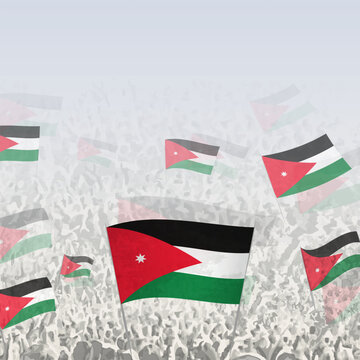 Crowd of people waving flag of Jordan square graphic for social media and news.