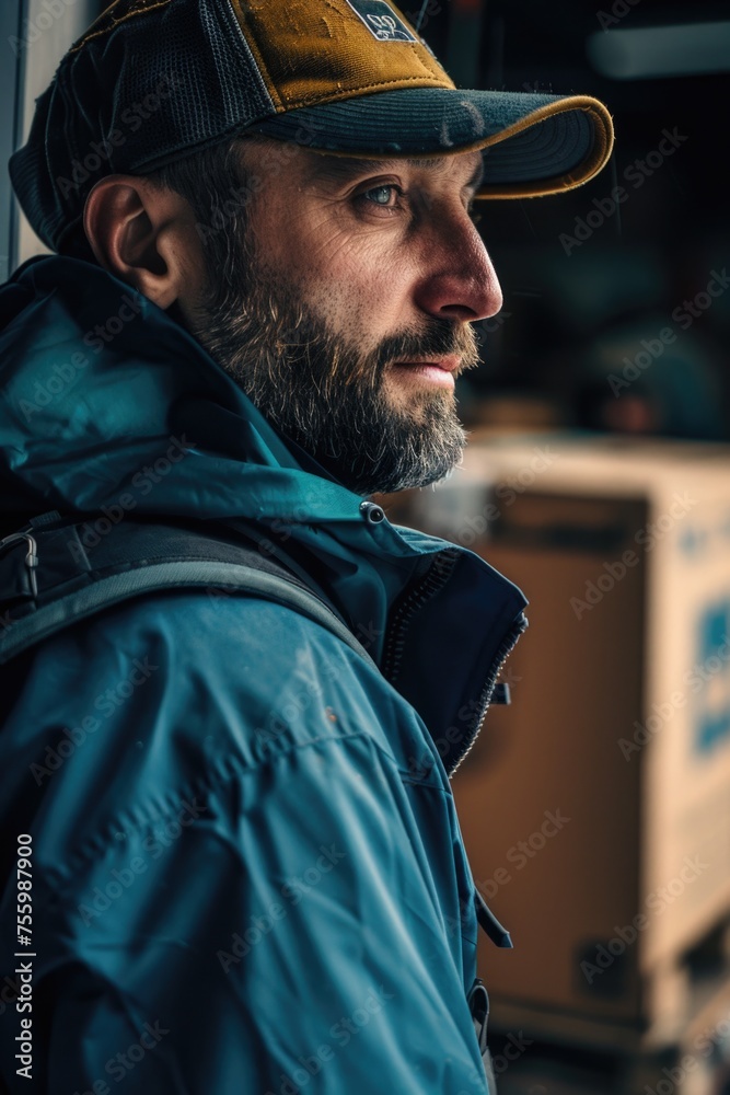 Poster a man with a beard wearing a hat, suitable for various concepts.