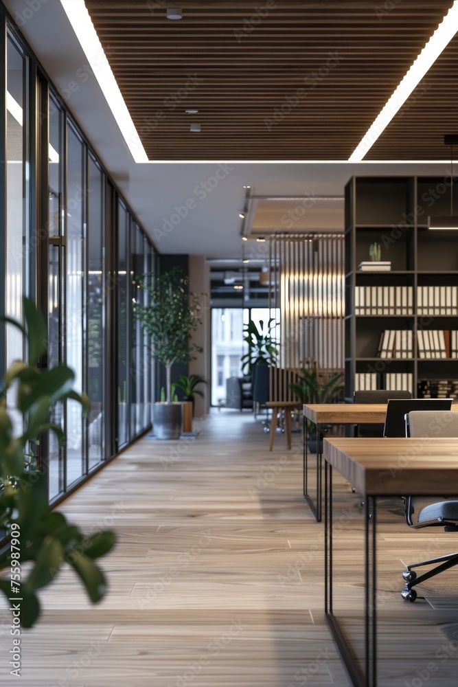 Poster A large open office with wooden floors and lots of windows. Ideal for business concepts and modern workspaces.