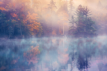 A serene lakeside scene with mist rising from the water, reflecting the colors of dawn