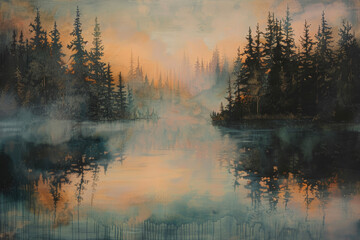 A serene lakeside scene with mist rising from the water, reflecting the colors of dawn - obrazy, fototapety, plakaty
