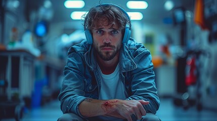 A frustrated male patient in headphones with broken arms suffers strong pain while waiting for an appointment in an emergency room.