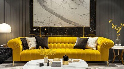 Illuminate your space with this vibrant yellow velvet sofa, elegantly paired with a sleek marble table.