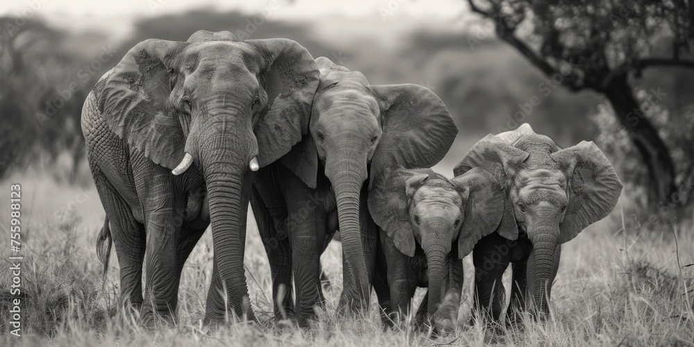 Poster herd of elephants walking across a grass covered field. suitable for wildlife or nature themes.