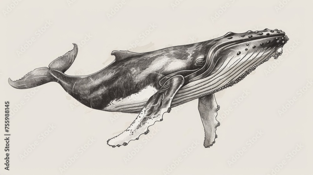 Wall mural Detailed black and white illustration of a humpback whale. Suitable for educational materials or nature-themed designs.