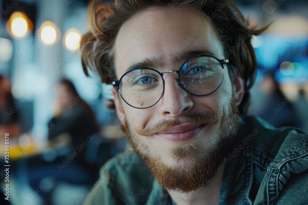Aufkleber a close up of a person wearing glasses and sporting a beard. suitable for various concepts and desig