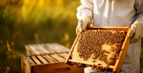 Beekeeper Inspecting Honeycomb - A beekeeper in protective gear inspecting a honeycomb full of bees. Ideal for themes of beekeeping, agriculture, and nature.