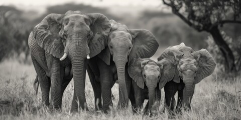 Herd of elephants walking across a grass covered field. Suitable for wildlife or nature themes.