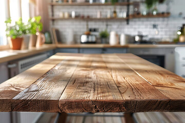 Wooden countertop in a bright kitchen with blurred background