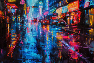 A rain-soaked city street, neon signs casting colorful reflections on the pavement.