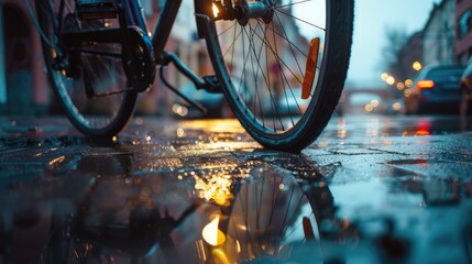 Close up of a bike on a wet street. Suitable for transportation themes. - obrazy, fototapety, plakaty