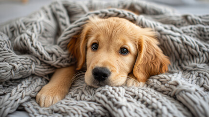 A golden retriever puppy in a gray blanket.