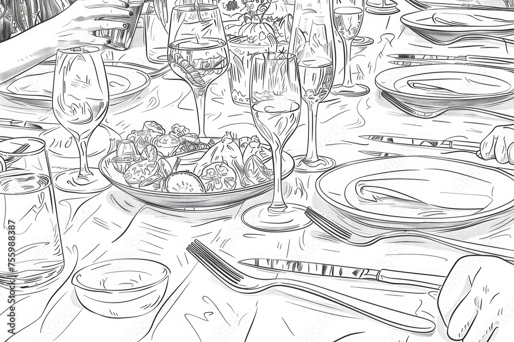Poster a drawing of a table set for a meal, suitable for food and dining concepts.