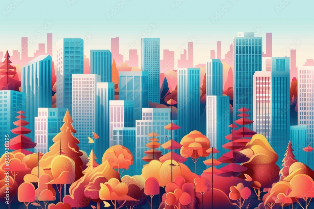 Poster urban cityscape with tall buildings and trees in the foreground. suitable for architectural and envi