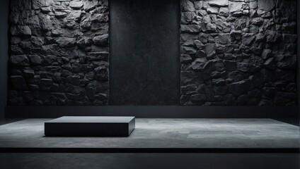 monochromatic scene unfolds, with cold, dark gray stones forming a rigid backdrop. The minimalist design of the mockup podium exudes an air of simplicity and elegance - obrazy, fototapety, plakaty