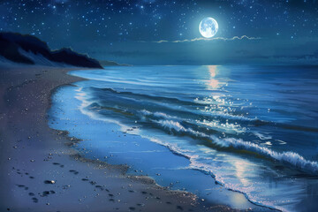 A moonlit beach with gentle waves lapping the shore, stars reflected in the water
