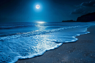 A moonlit beach with waves gently lapping the shore - obrazy, fototapety, plakaty