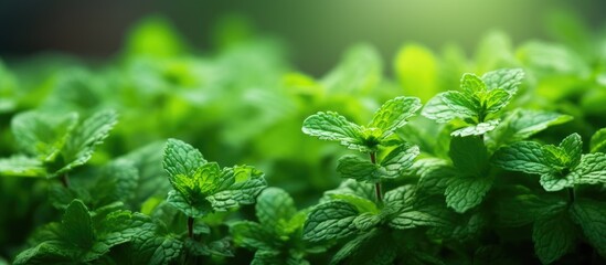 Close up of vibrant green mint leaves thriving as a terrestrial plant in a garden. The groundcover of the mint creates a natural and lush landscape