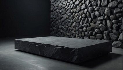 monochromatic scene unfolds, with cold, dark gray stones forming a rigid backdrop. The minimalist design of the mockup podium exudes an air of simplicity and elegance