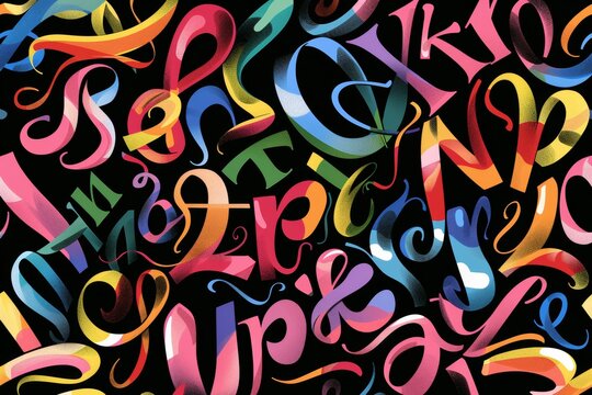 Various colored letters scattered on a stark black background.