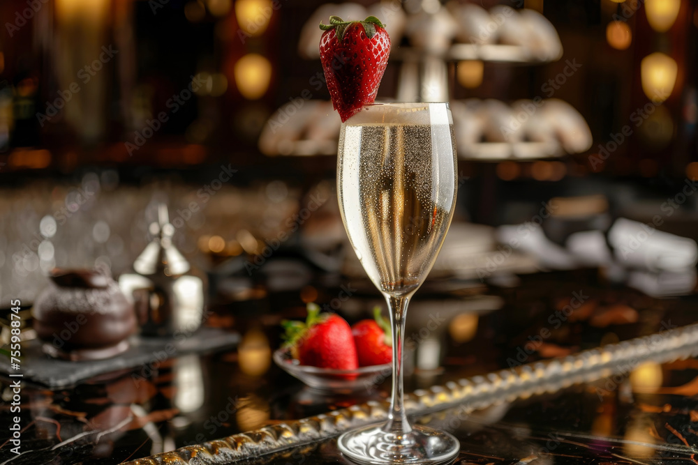 Wall mural a glass of champagne with a chocolate-covered strawberry on the rim