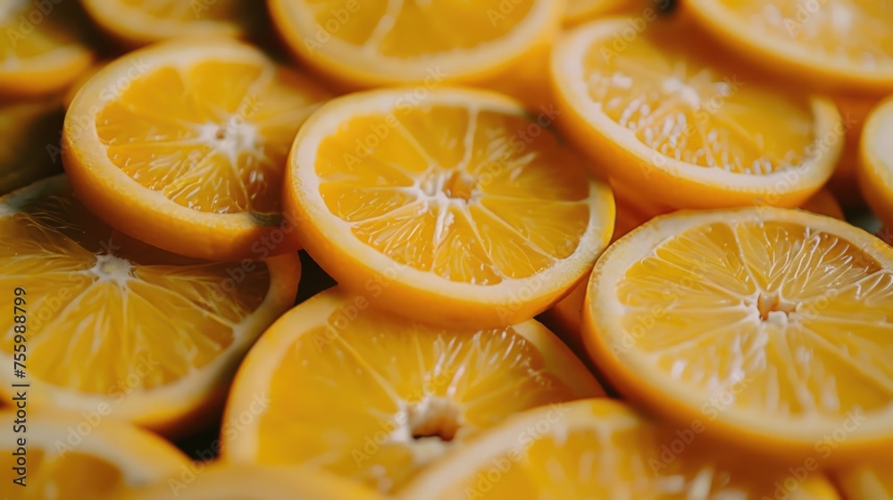 Poster fresh orange slices neatly stacked. suitable for food and beverage concepts.