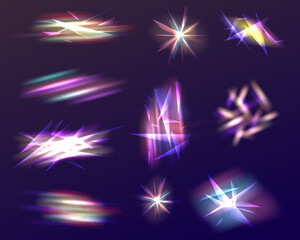 Rainbow crystal light leak flare reflection effect. Diamond prism light flares. Colorful optical rainbow lights beam lens flare leak overlay streaks