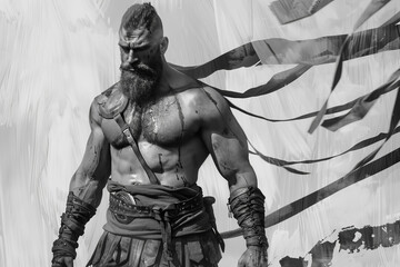 A gladiator of legend, beard braided with victory ribbons, muscles honed by relentless combat.